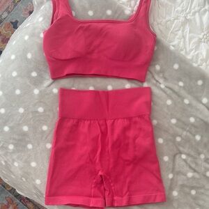 Hot Pink Ribbed Athletic Crop Top & High-Waist Bike Shorts Set